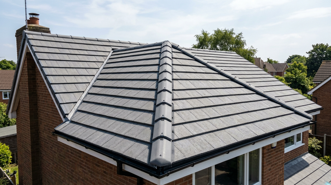 Full ridge line with mechanically fixed dry ridge tiles